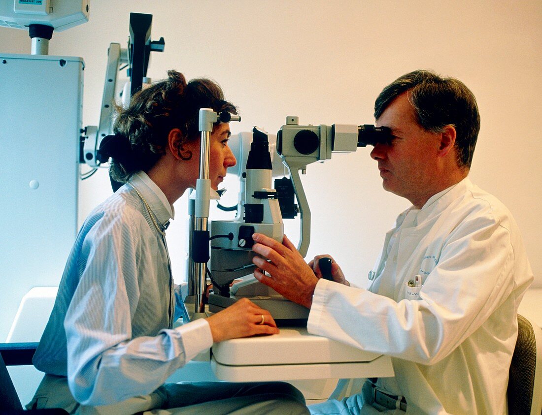 Slit-lamp examination of a woman's eyes