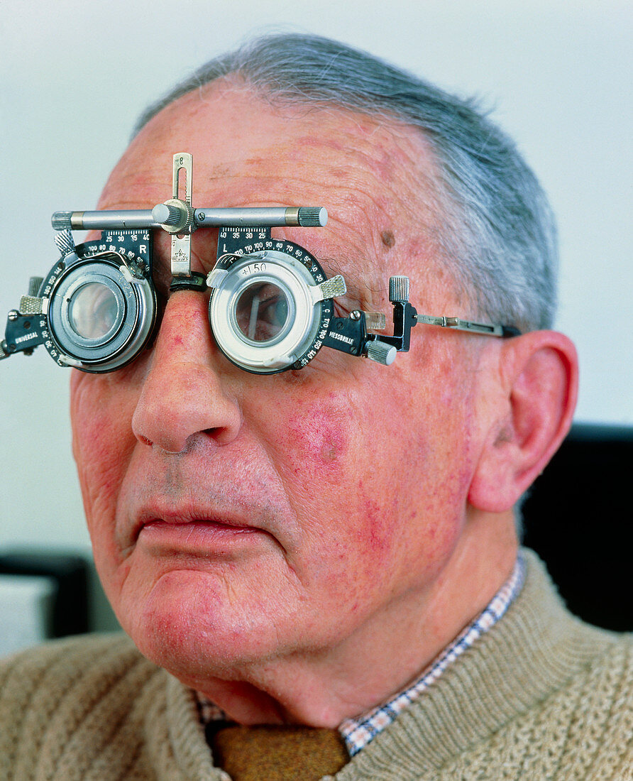 Ophthalmology test frames on an elderly man