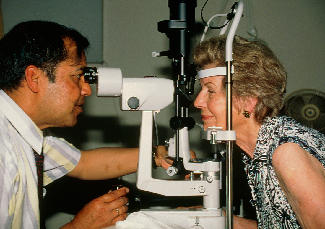 Slit-lamp examination of a woman's eyes