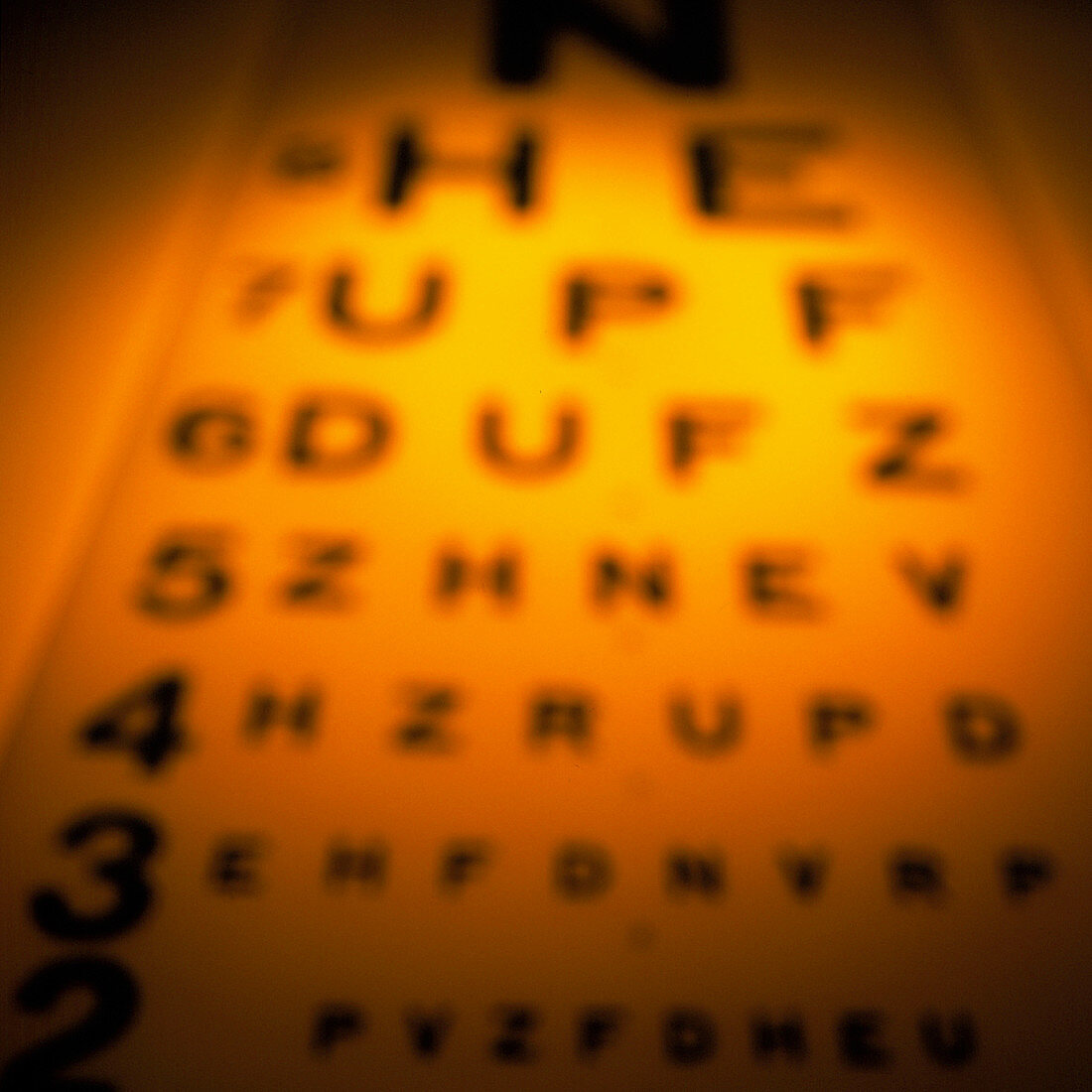 Blurred view of a Snellen eye test chart