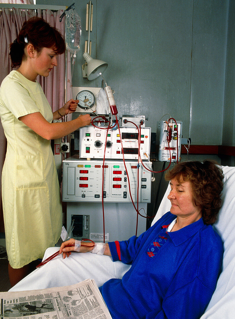 Female patient being prepared for kidney machine