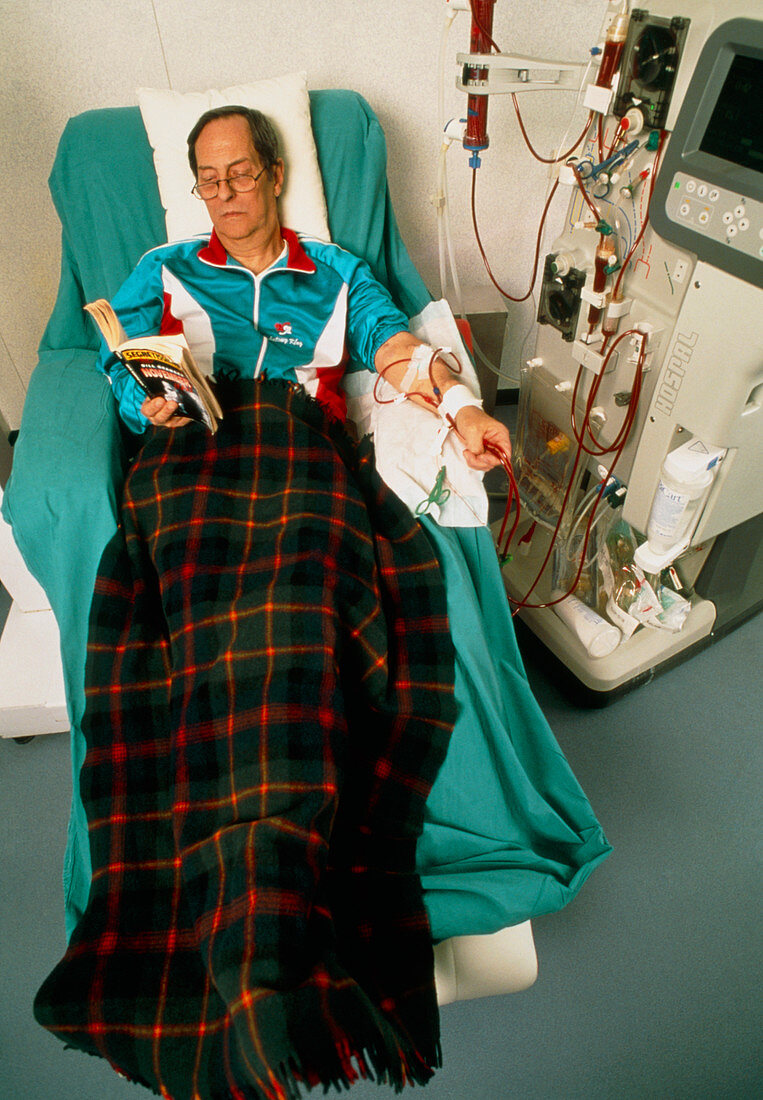 View of a man undergoing kidney dialysis