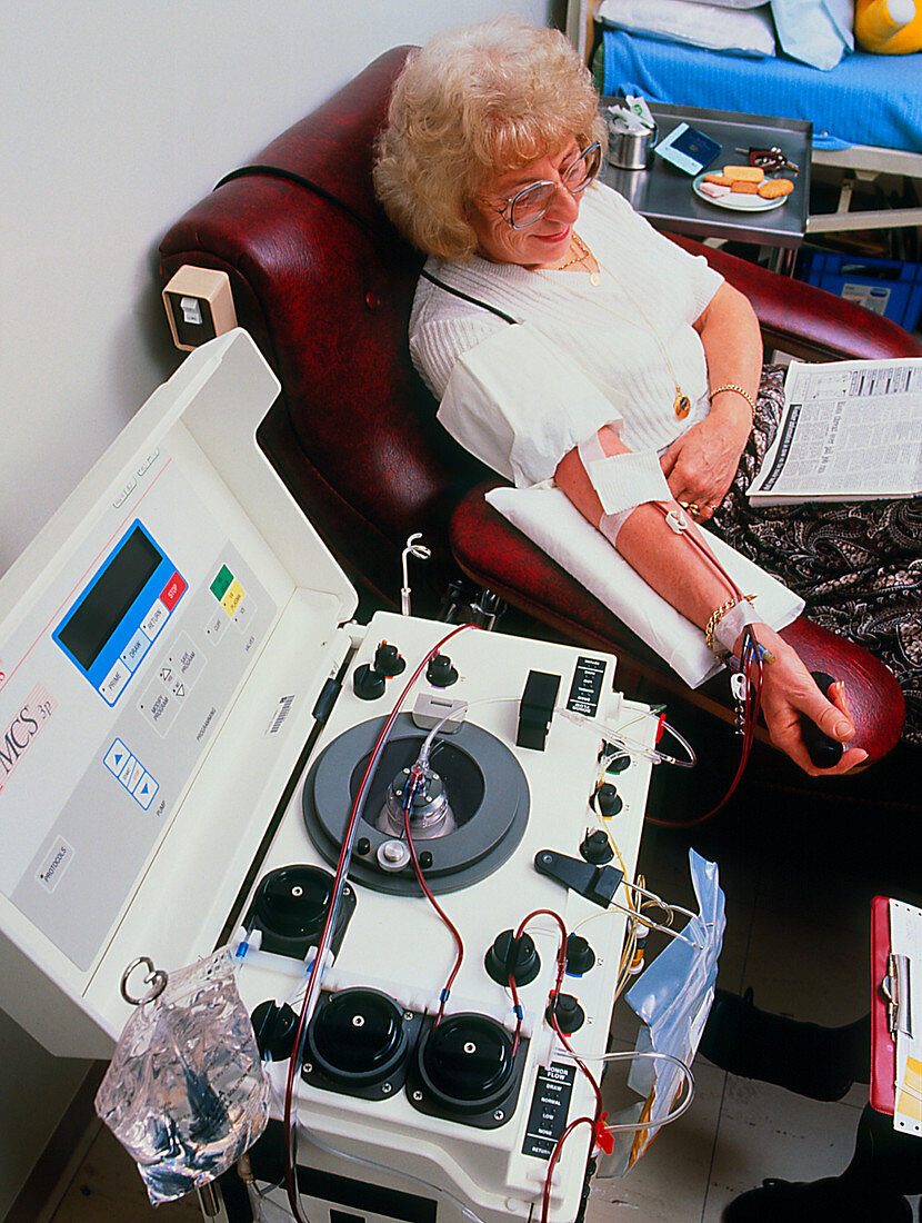 Woman donating blood platelets at Apheresis Clinic