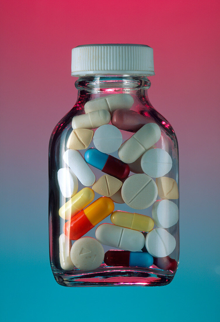 Bottle of assorted pills,capsules and tablets