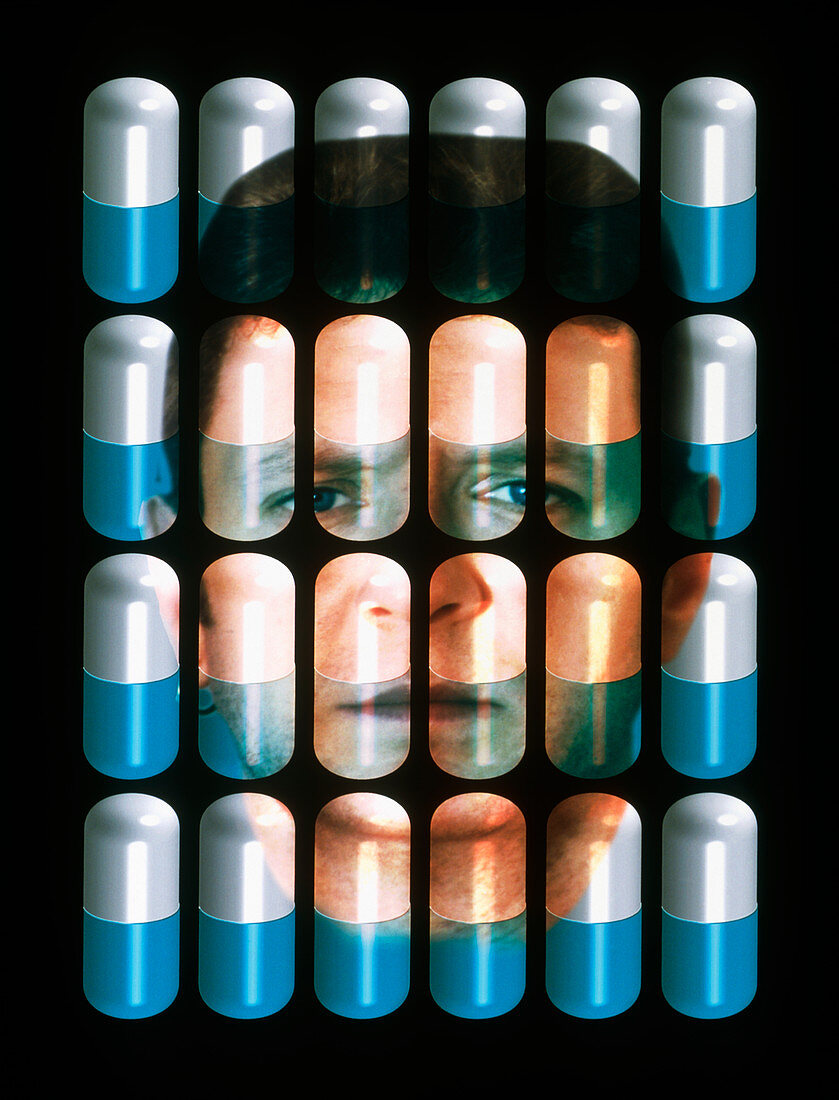 Composite image of a face with drug capsules