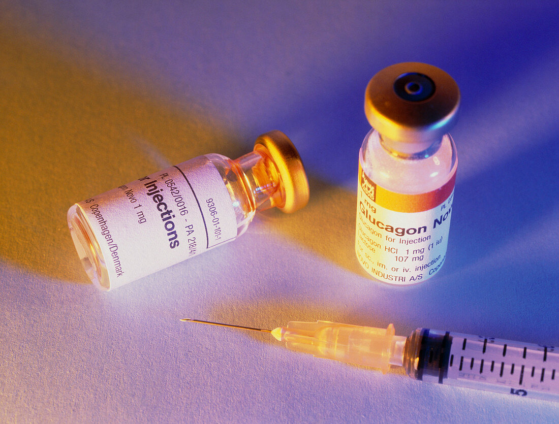 Hypodermic syringe with bottles of glucagon