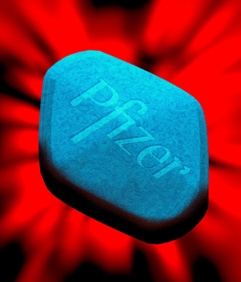 Computer art of a blue Viagra male impotence pill