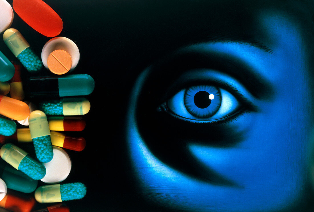 Illustration of an eye,with pills superimposed