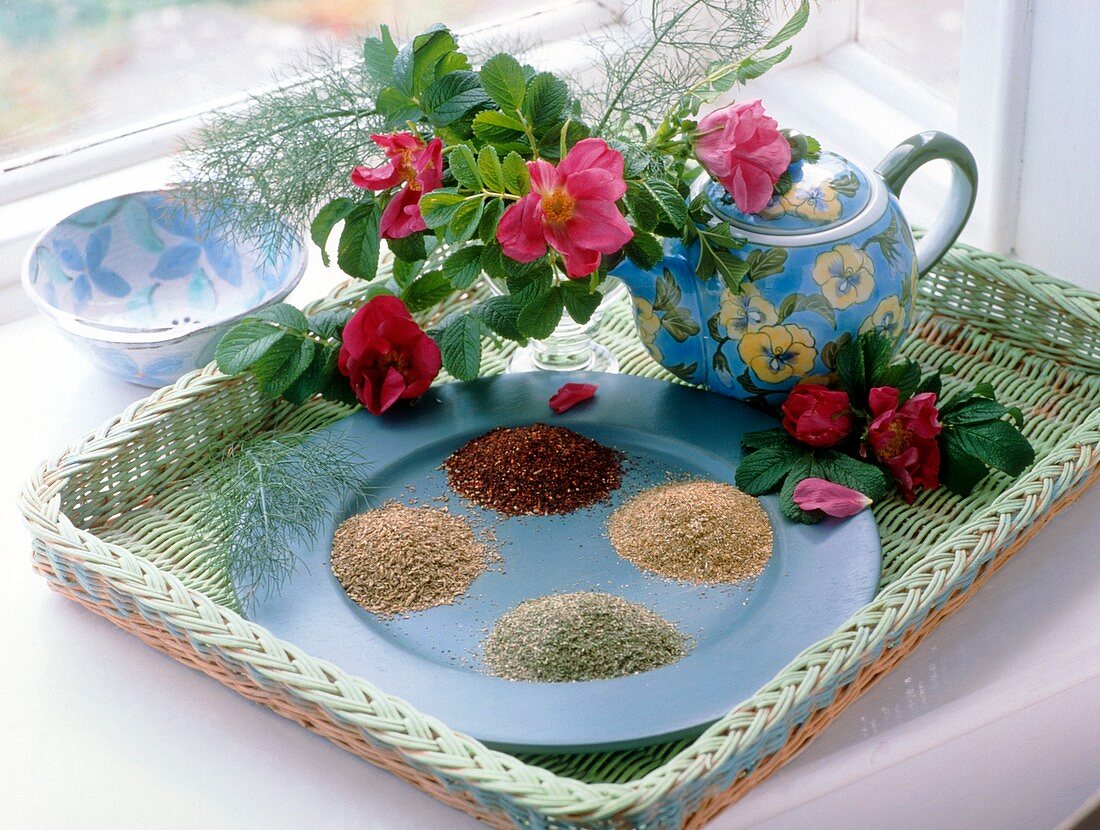 Assortment of herbal teas on a tray