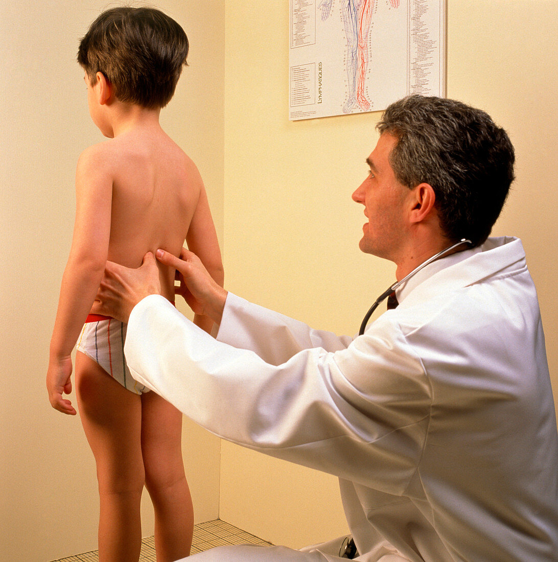 Doctor examining the spine/kidneys of a young boy