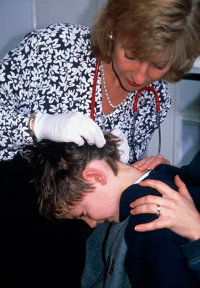 Doctor examines head of 6-year-old boy for nits