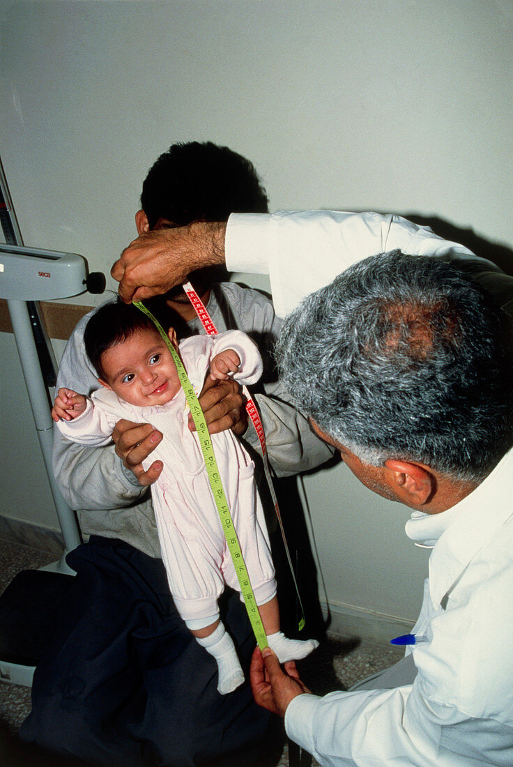 Doctor measuring the height of baby held by father