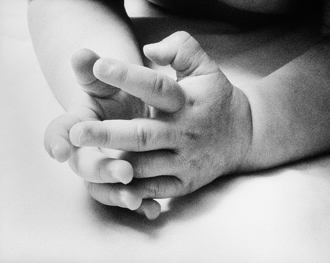 View of the hands of a nine month old baby girl