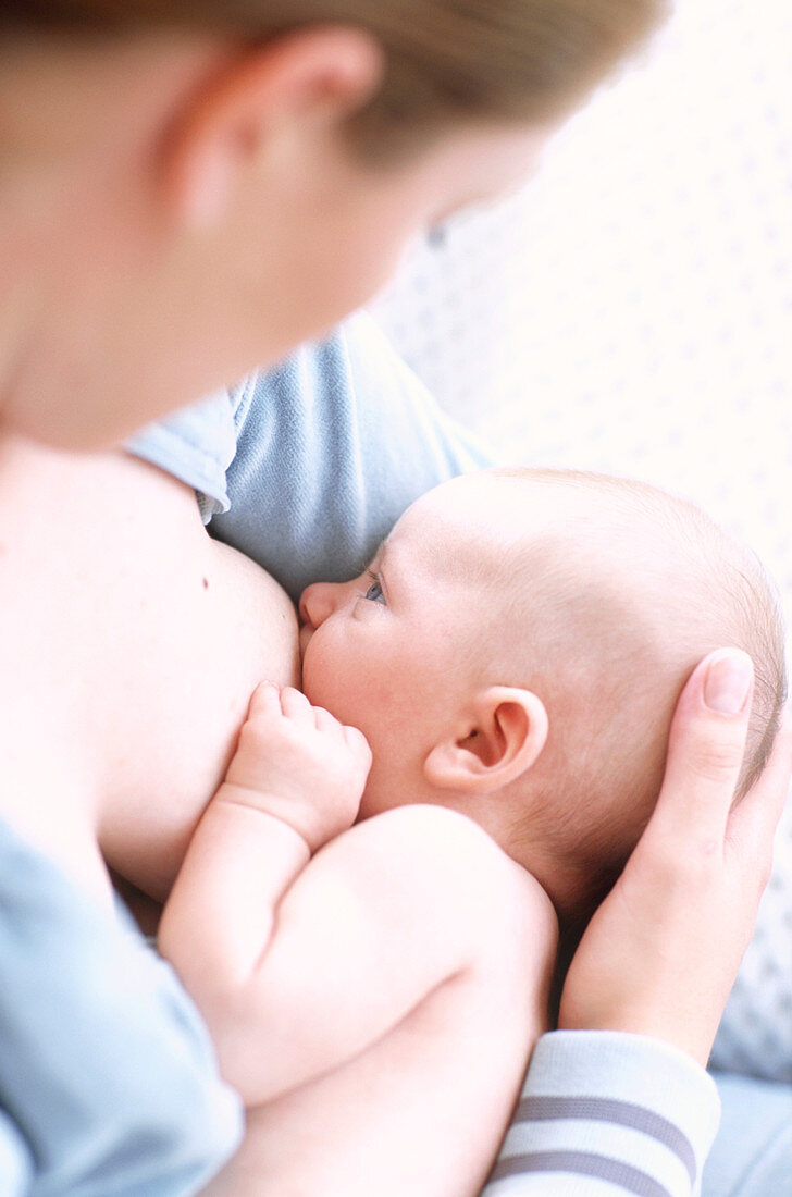 Mother breastfeeding baby boy