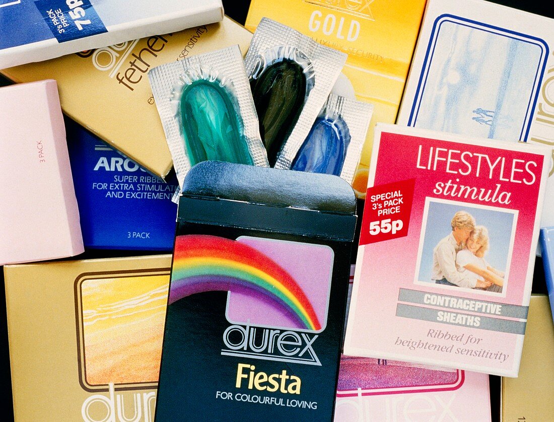 Display of various types of condom
