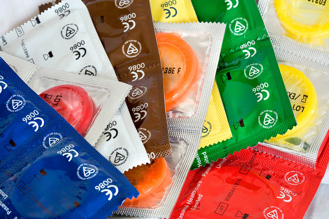 Assortment of coloured condoms