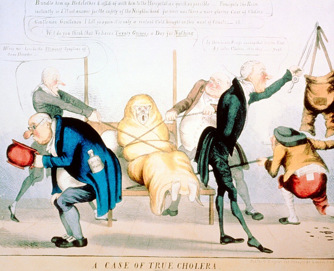 Cartoon of doctors visiting patient with cholera