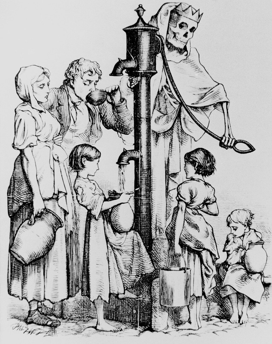 Caricature of people using a cholera-infected well