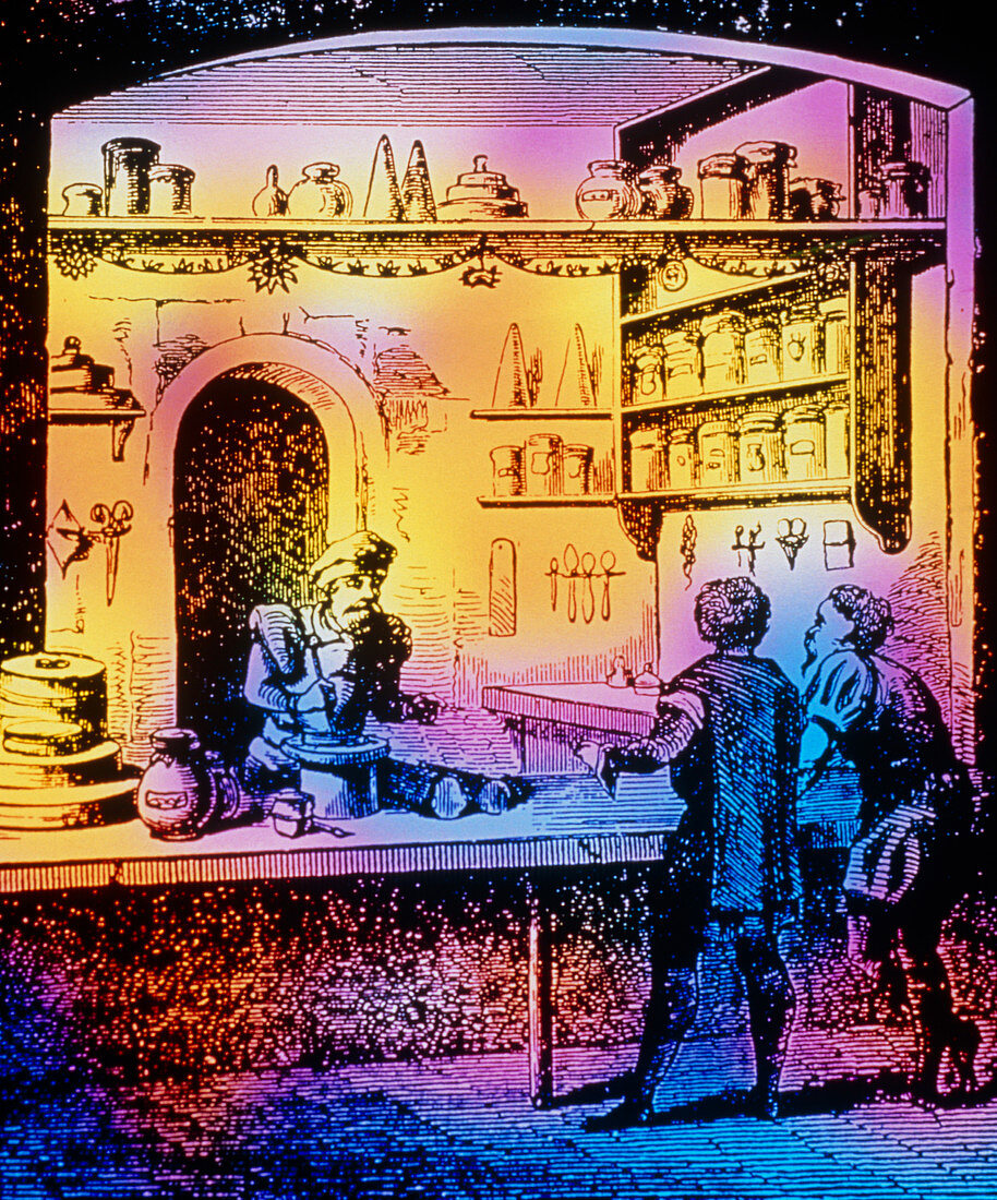 Historical engraving of an apothecary shop