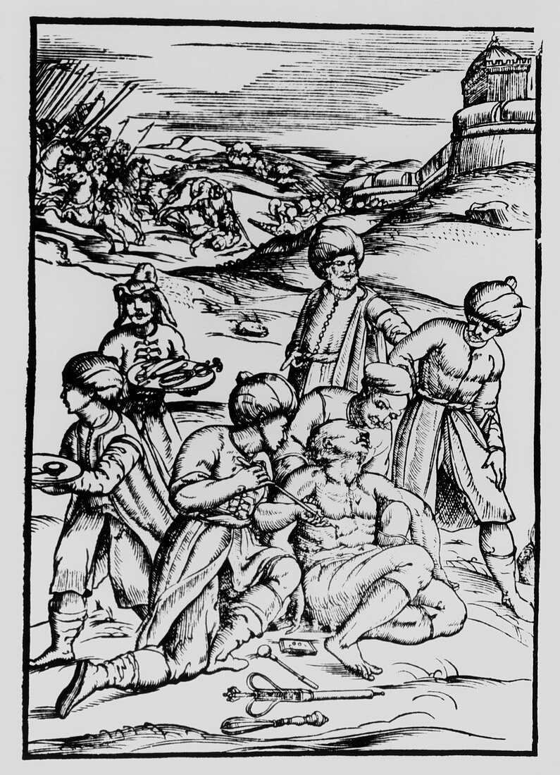 Engraving of a wounded soldier being treated