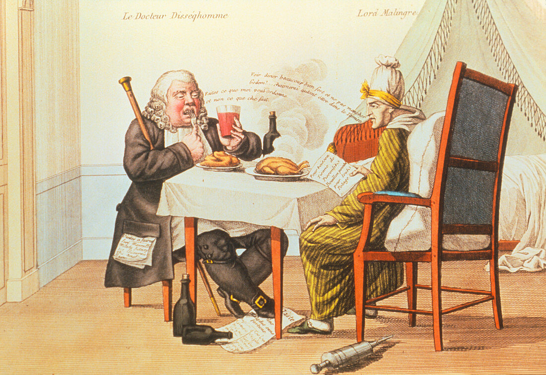 Caricature of fat doctor prescribing a diet