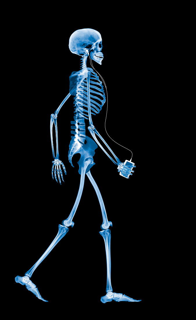 Skeleton with an iPod
