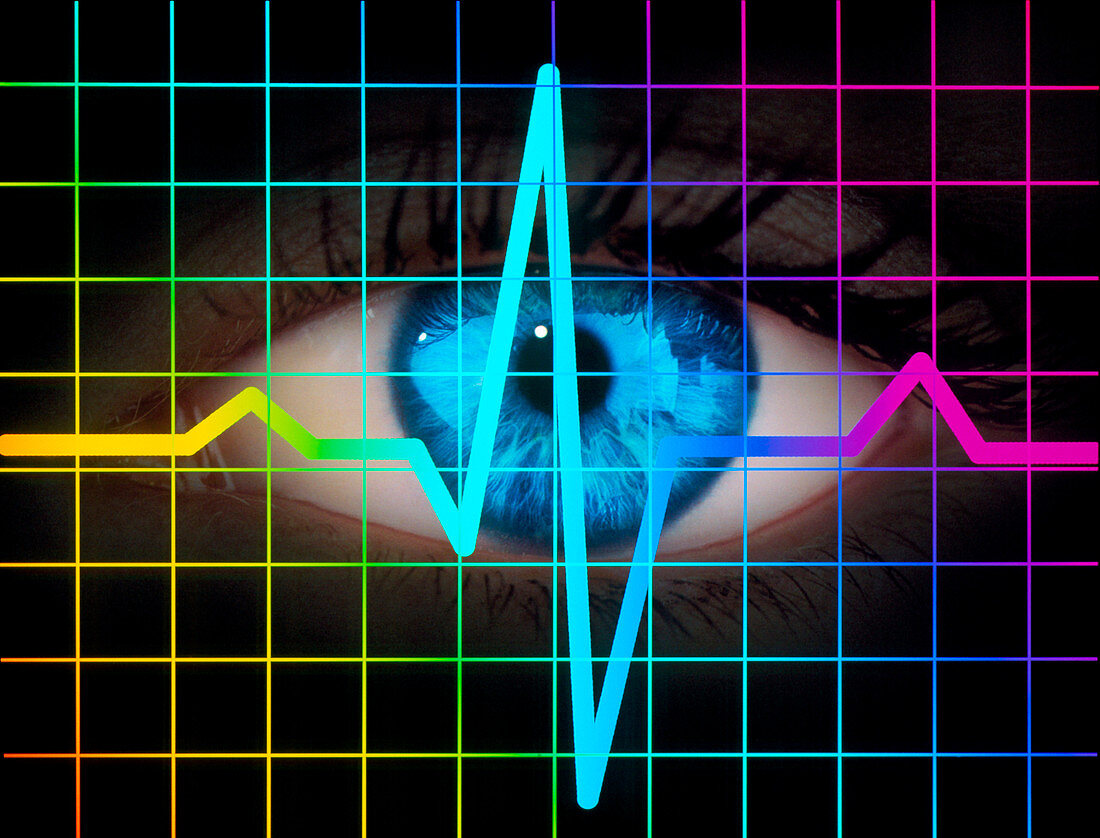 Computer artwork of heartbeat ECG and human eye