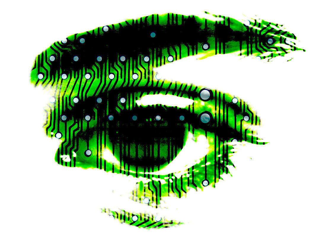 Computer art of eye with circuit board components