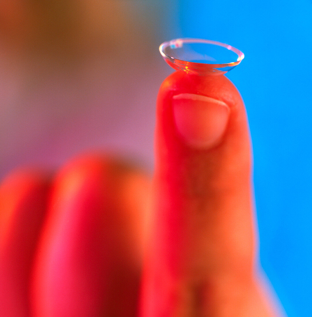 Contact lens seen on a fingertip