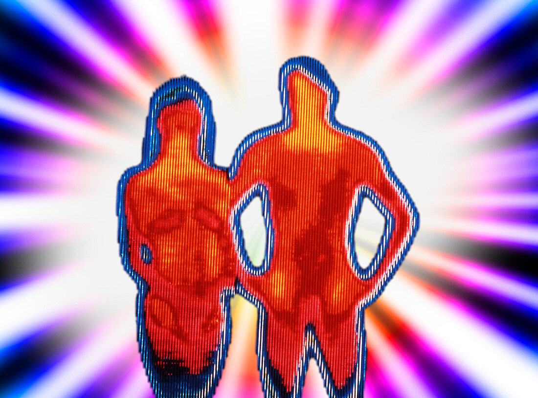 Coloured thermogram of a woman and man standing