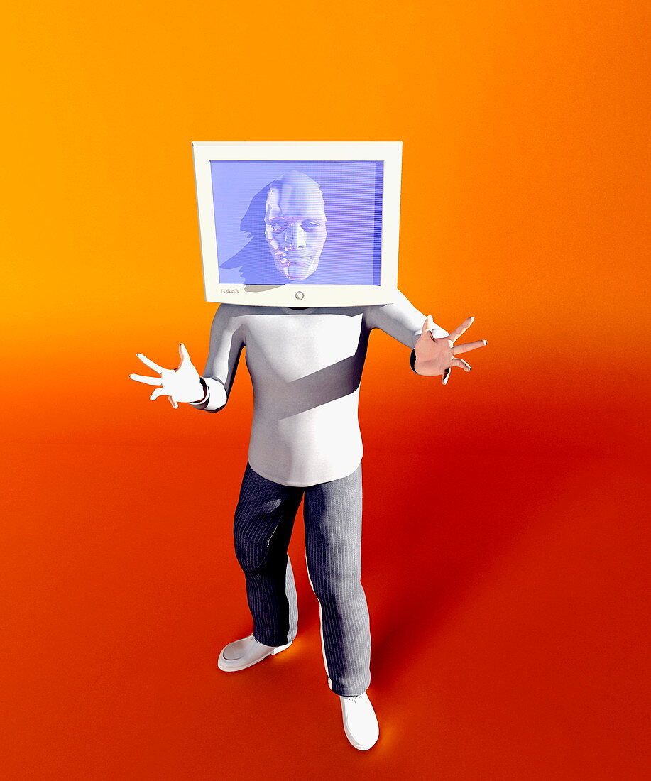 Man with computer screen head,artwork