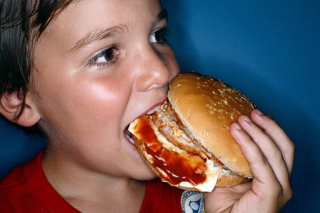 Boy eating cheeseburger