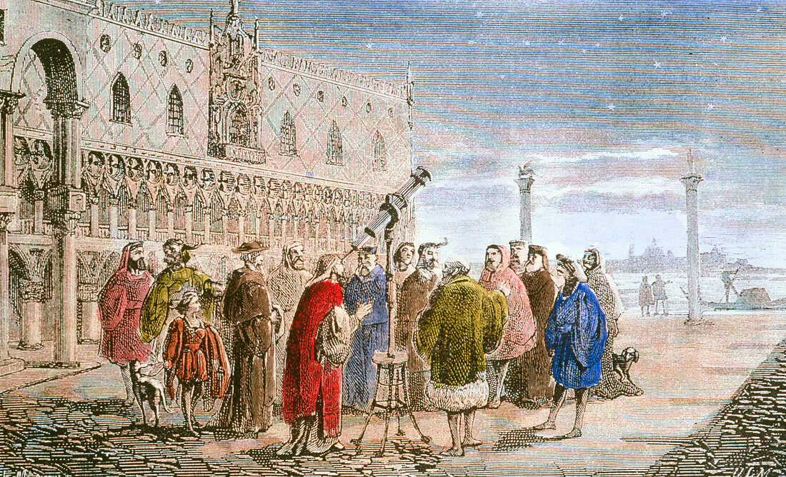 Galileo demonstrating his telescope in 1609
