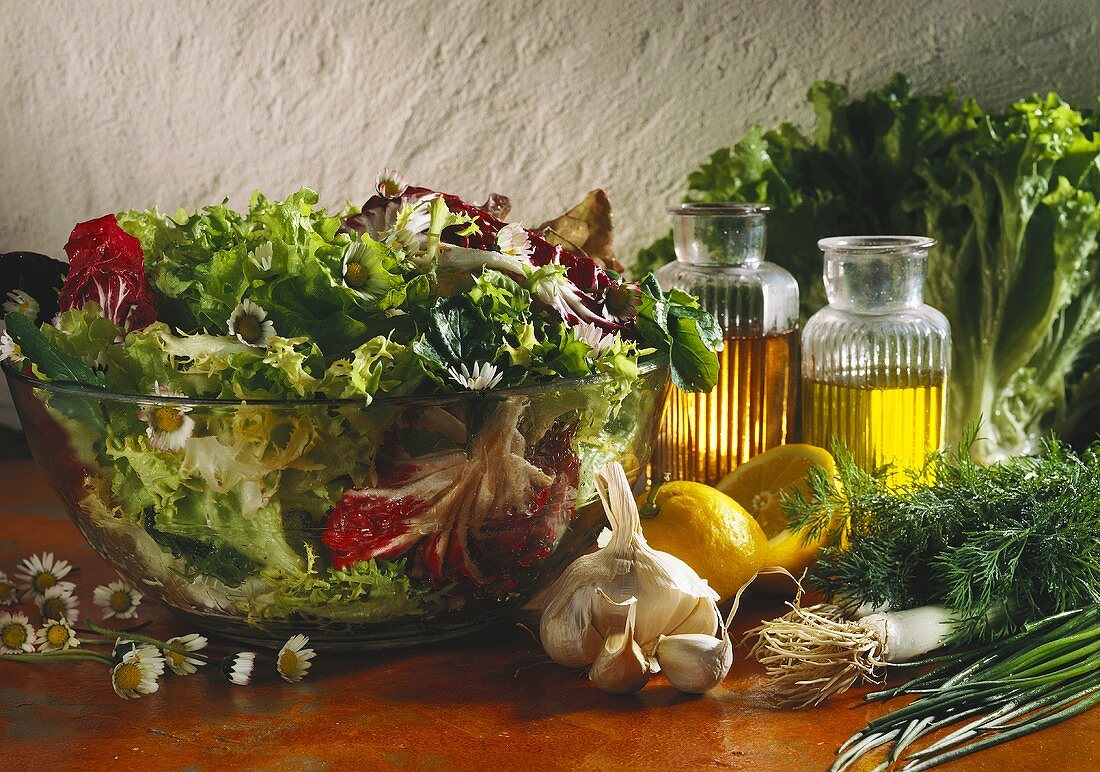 Gemischter grüner Blattsalat mit Radicchio & Gänseblümchen