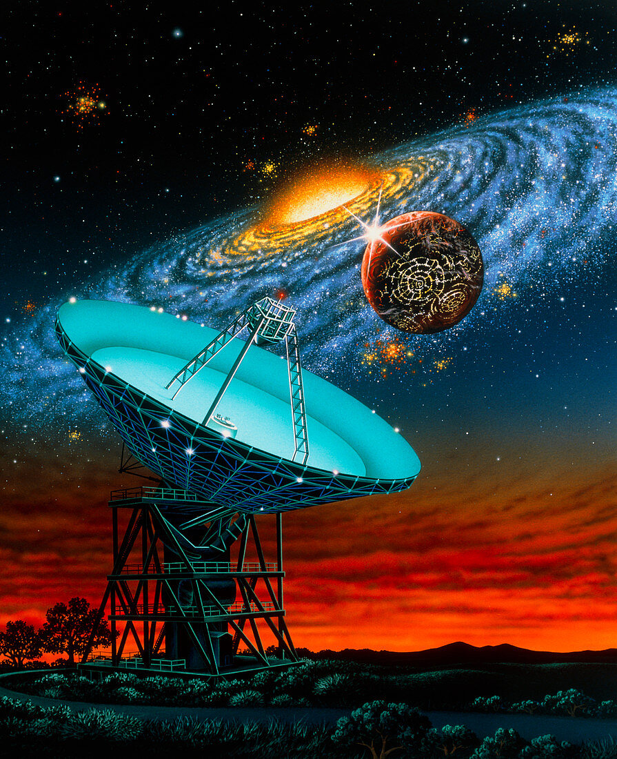 Artwork of radio dish antenna search for ET life