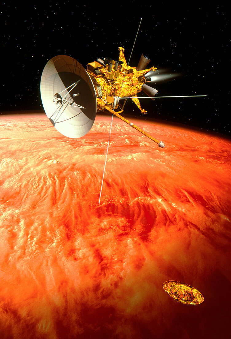 Artwork of Cassini with Huygens probe descending