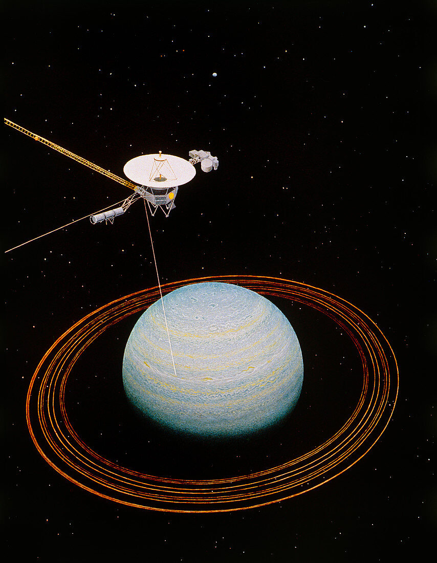 Artwork showing Voyager 2 nearing Uranus