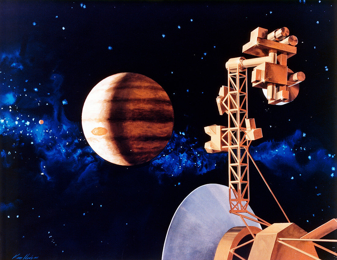 Artwork showing Voyager approaching Jupiter