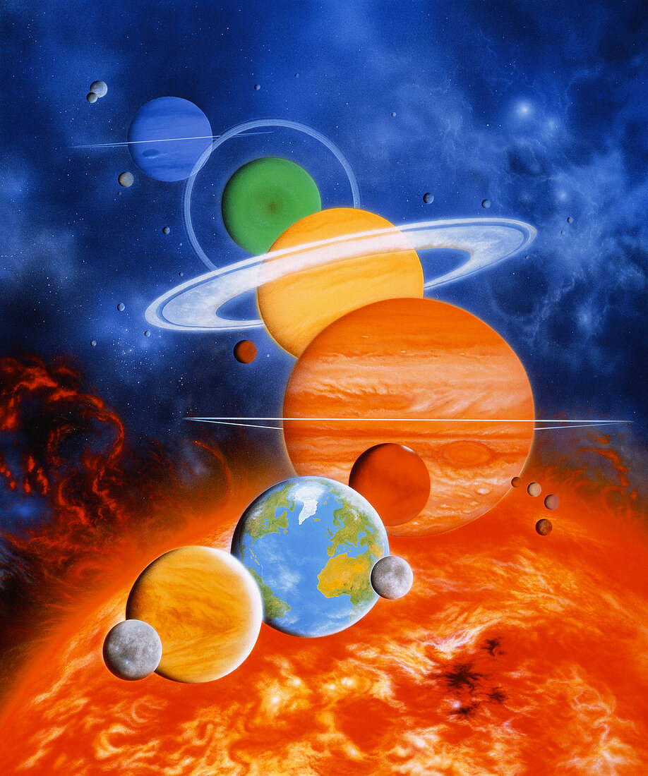 Artwork of Sun and planets of Solar System