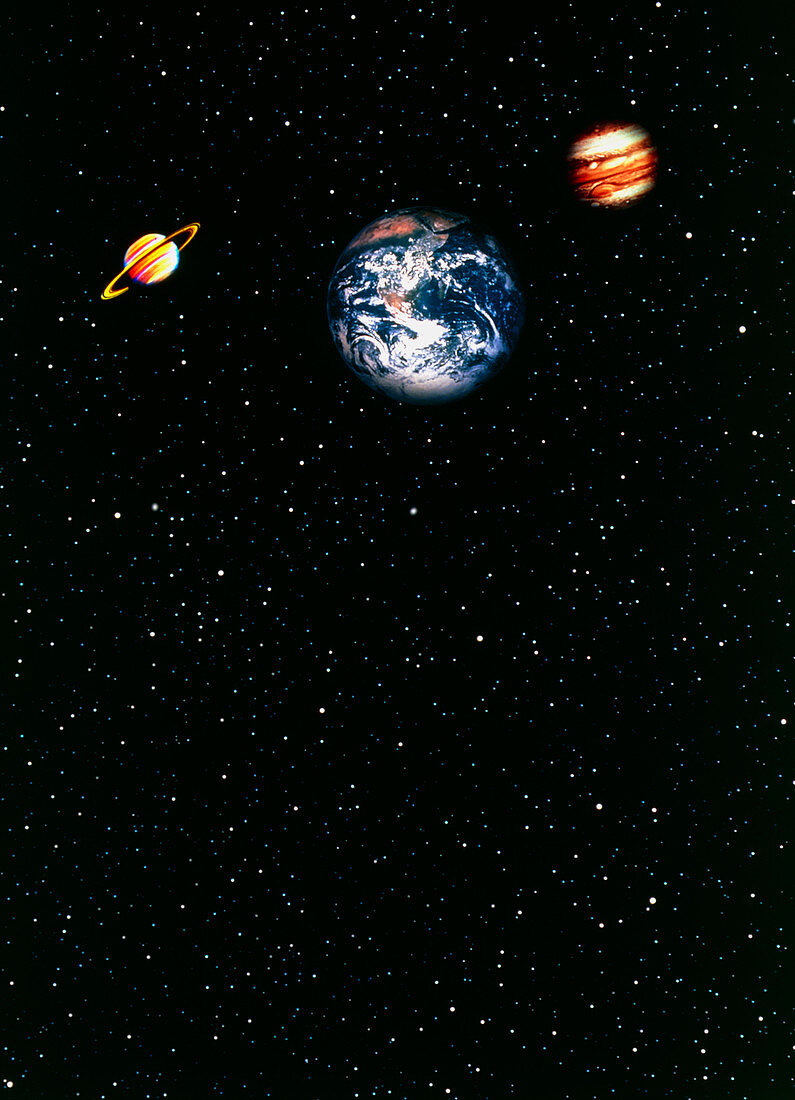 Computer graphic,Earth Jupiter & Saturn in space