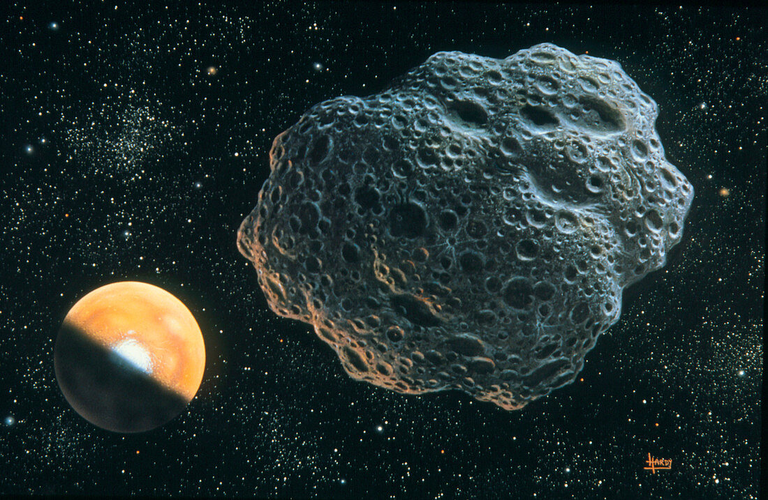 Illustration of asteroid Amor passing Mars