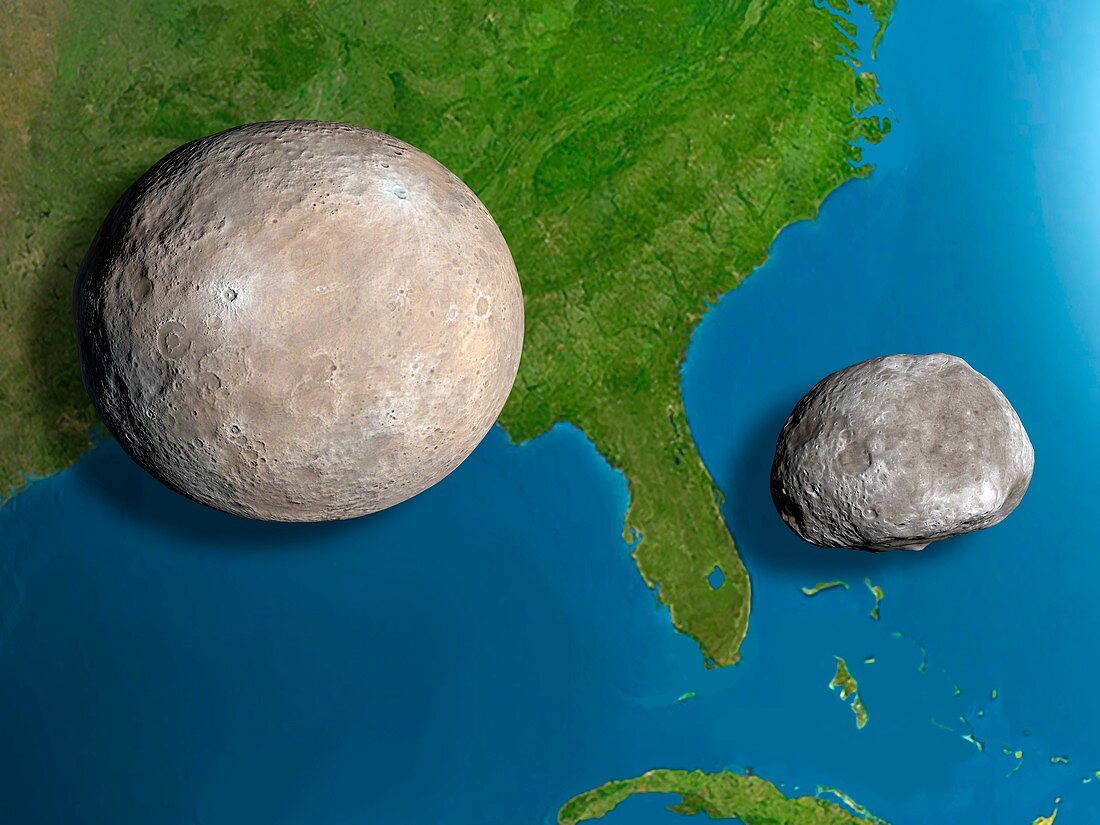 Asteroids Ceres and Vesta,scale artwork