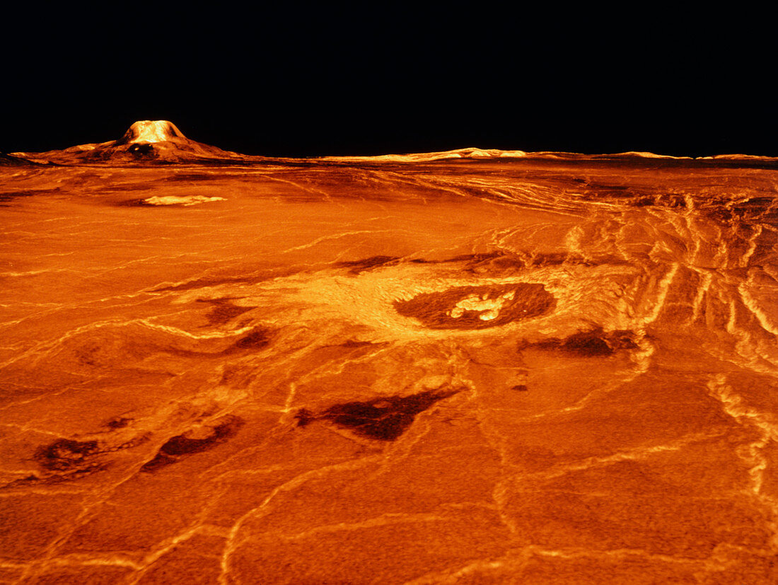 False-col. 3D view of Cunitz Crater and Gula Mons