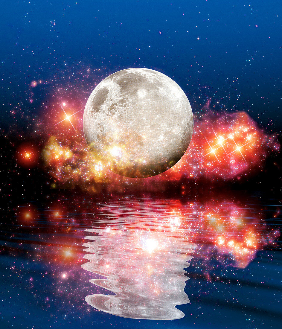 Moon and stars reflected on water