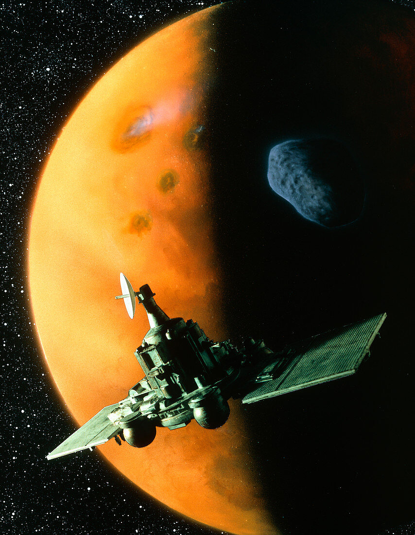 Artwork of Phobos spacecraft in orbit around Mars