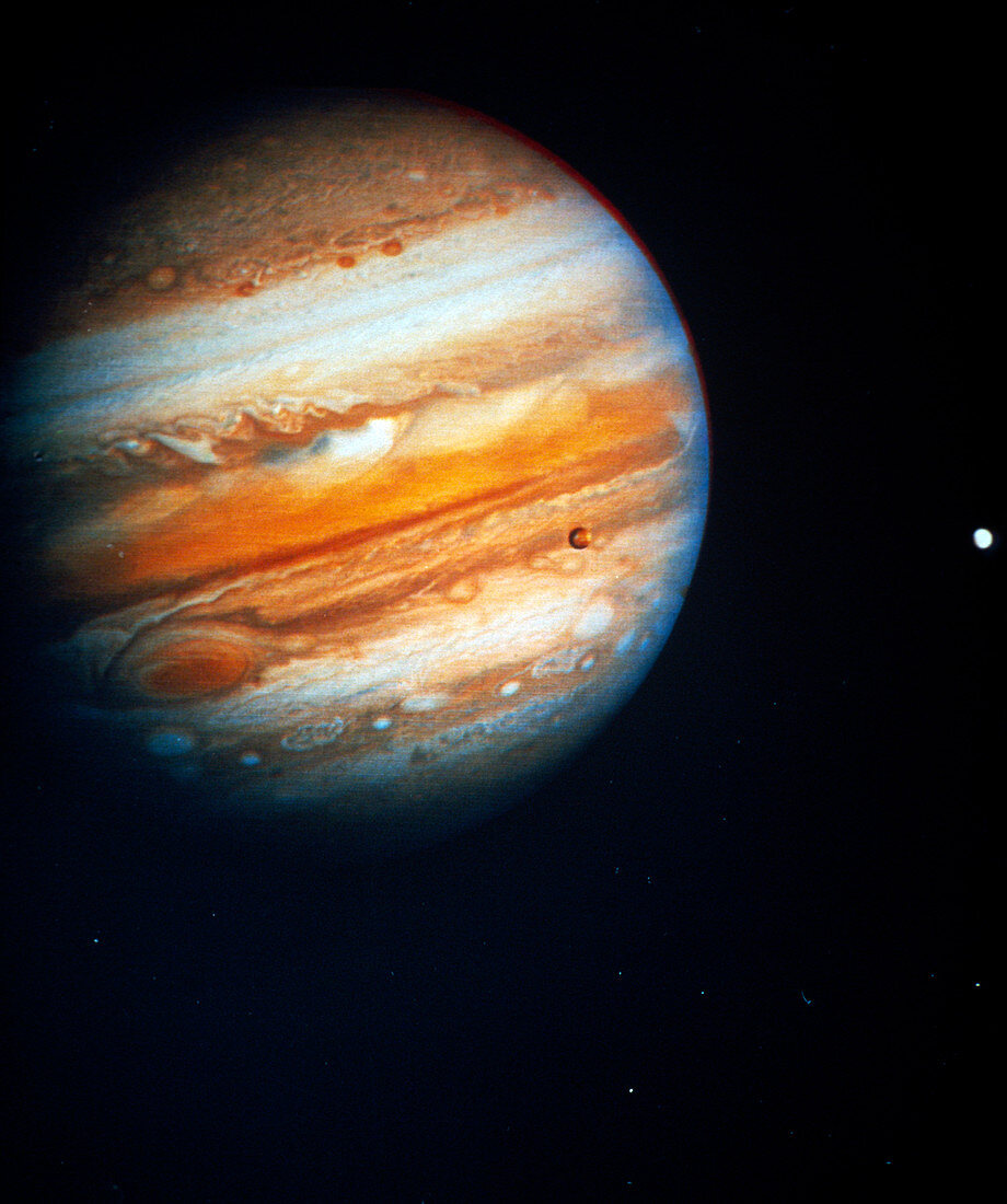 Voyager 1 photo of Jupiter & two of its moons
