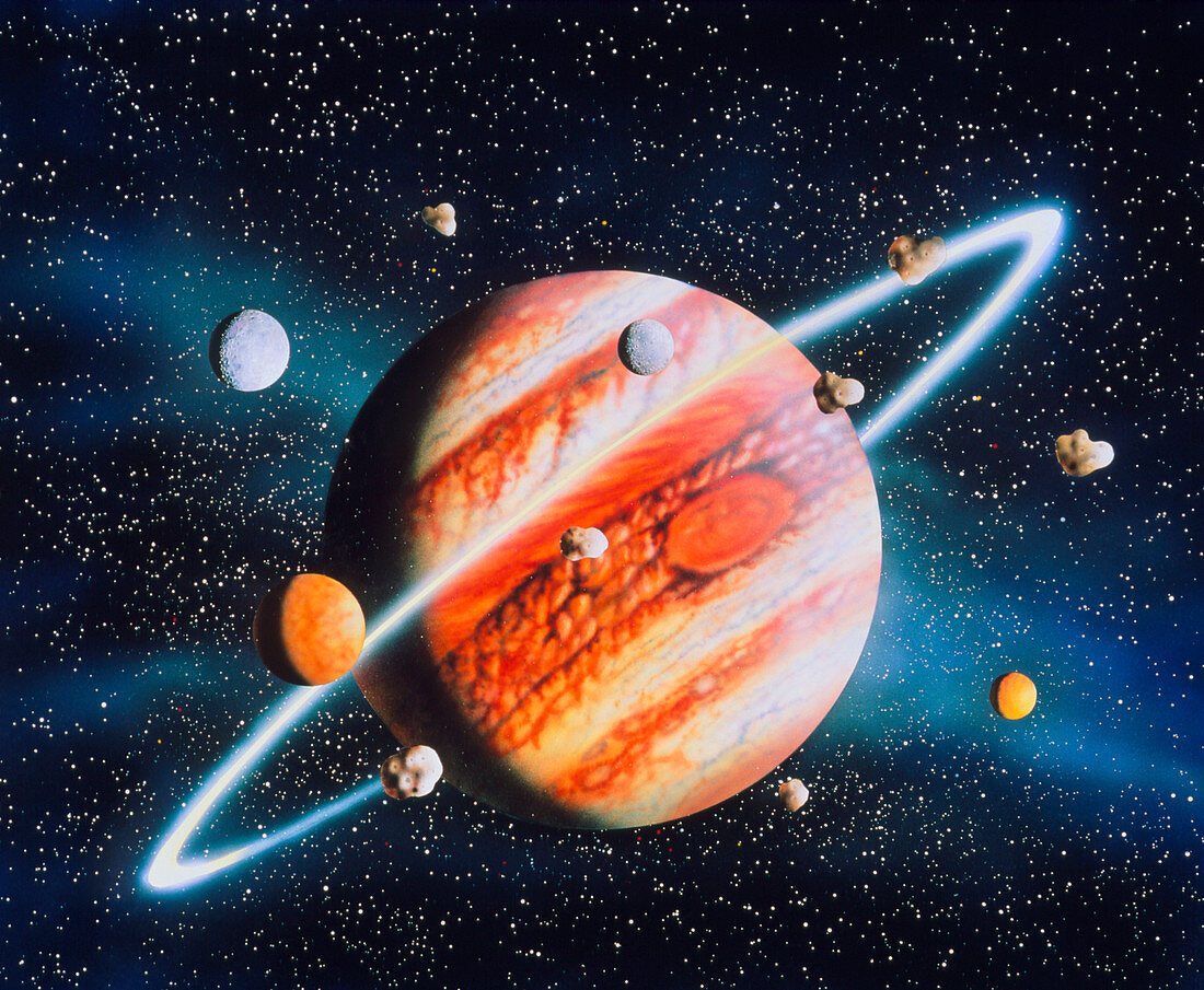Artwork of Jupiter with moons and ring