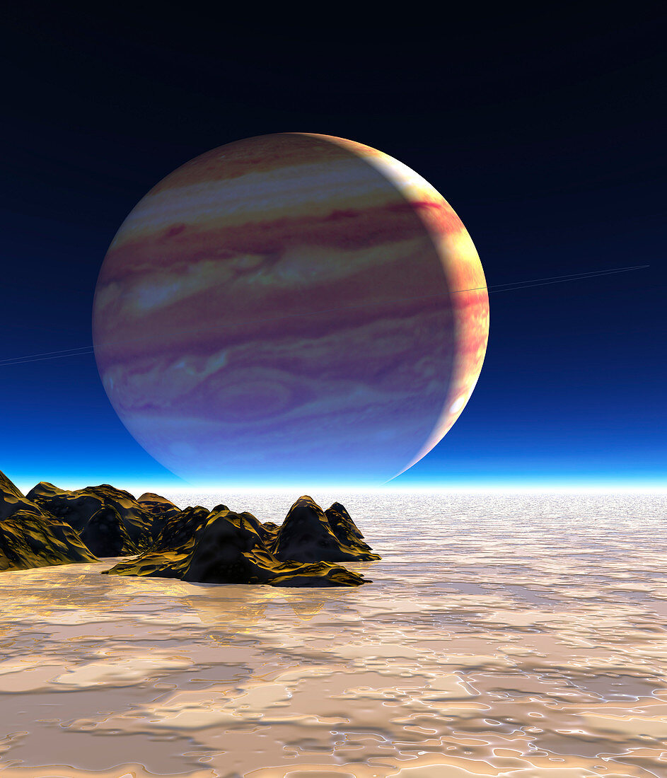 Artwork of Europa's surface with Jupiter in sky