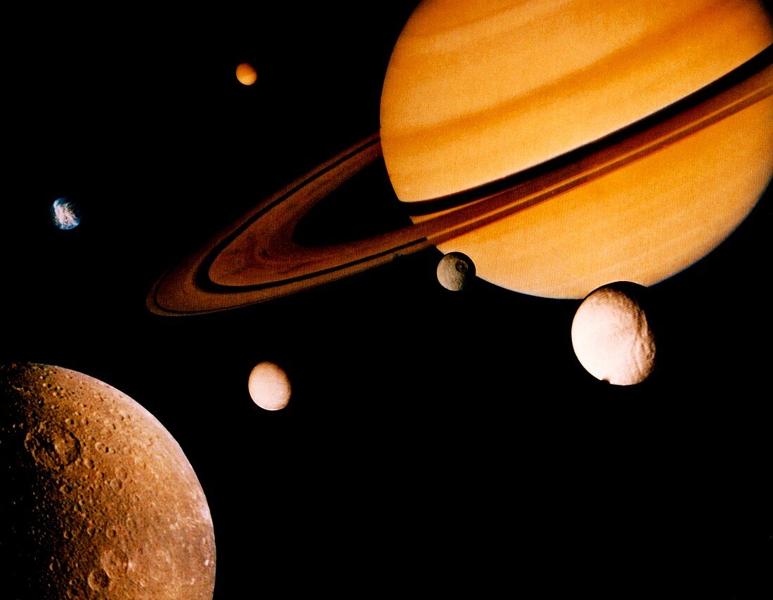 Voyager 2 composite of Saturn & 6 of its moons