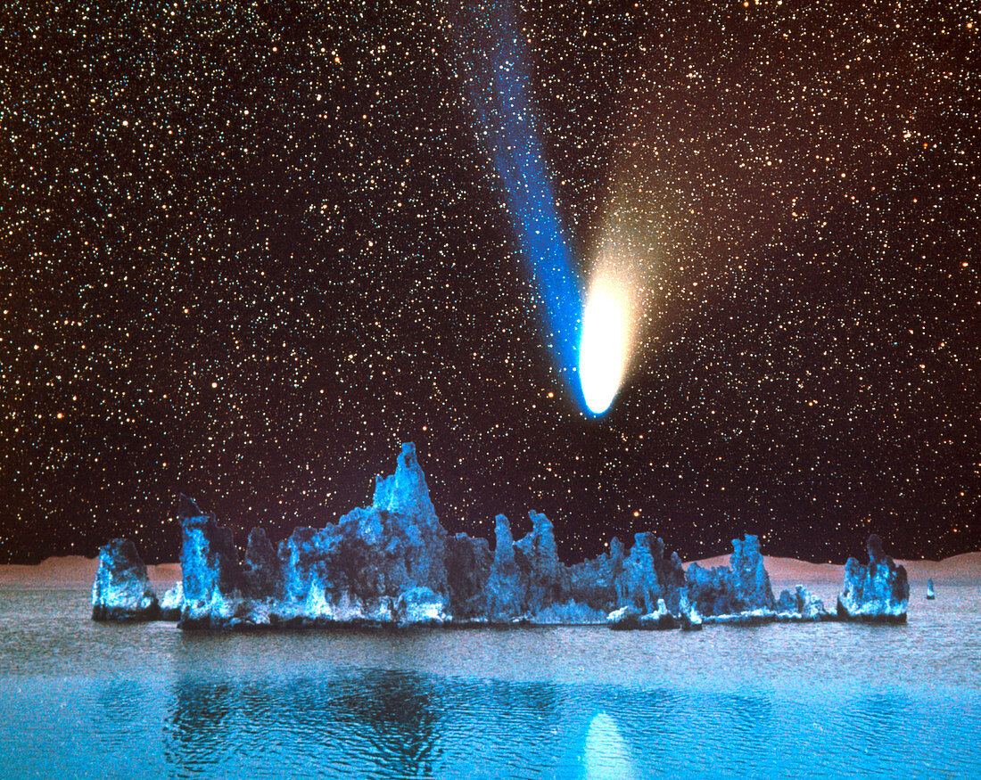 Composite image of comet Hale-Bopp over Mono Lake